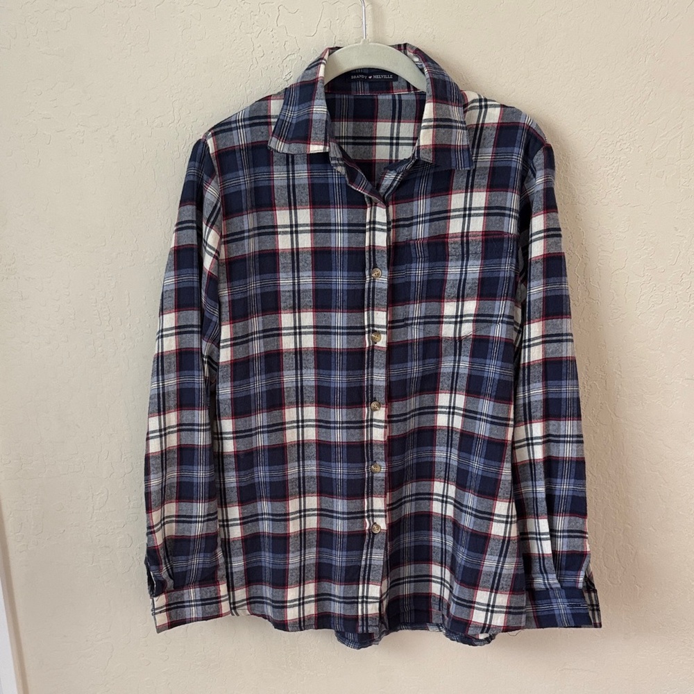 Brandy Melville Navy and Red Plaid Button Down Shirt